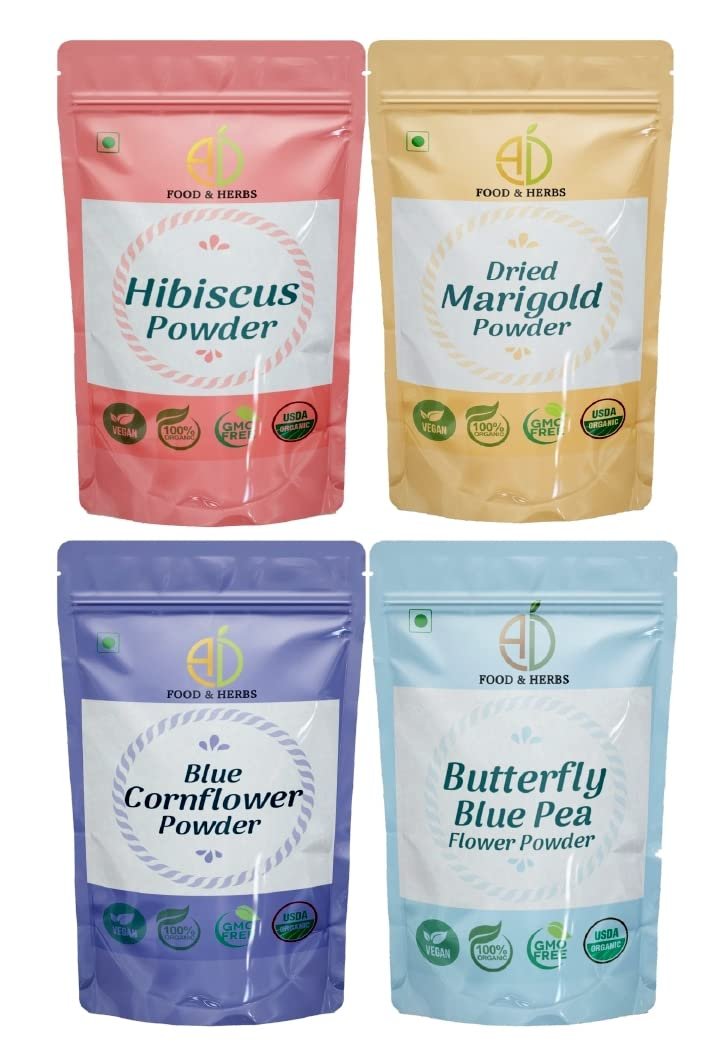 A D Food & Herbs Combo of Butterfly Pea/Marigold/Hibiscus/Blue Corn Flower Powder Aromatic Edible for Homemade Lattes,Tea Blends,Bath Salts,Face packs & Body packs (50 GMS x Pack of 4)