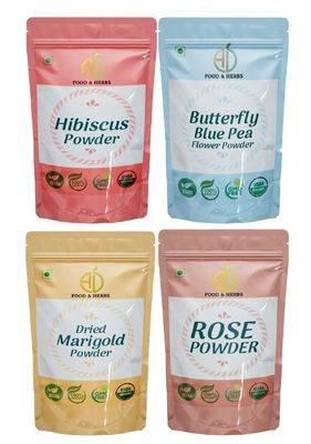A D Food & Herbs Combo of Butterfly Pea Gold/Marigold/Rose/Hibiscus Flower Powder Aromatic Edible for Homemade Lattes,Tea Blends,Bath Salts,Face packs & Body packs (100 GMS x Pack of 4)