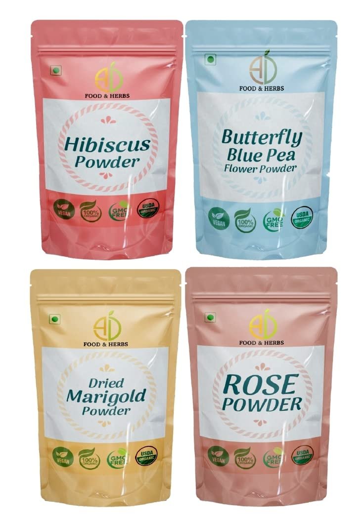 A D Food & Herbs Combo of Butterfly Pea Gold/Marigold/Rose/Hibiscus Flower Powder Aromatic Edible for Homemade Lattes,Tea Blends,Bath Salts,Face packs & Body packs (100 GMS x Pack of 4)