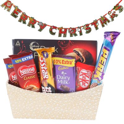 SFU E Com Chocolate Gift Hamper with Beautiful Golden Basket| Premium Christmas Chocolate Combo | Christmas Toran with Chocolat Gift | Christmas Chocolate Hamper | 239