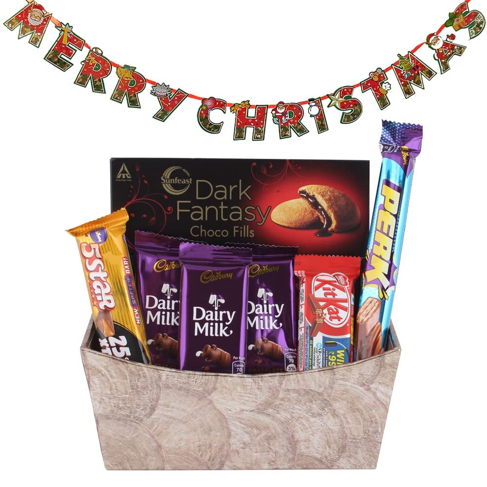 SFU E Com Cadbury and Dark Fantasy Choco Filled Coockies with Basket| Premium Christmas Chocolate Combo | Christmas Toran with Chocolat Gift | Christmas Chocolate Hamper | 828