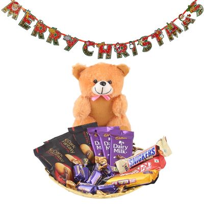 SFU E Com Chocolate Gift Hamper with Beautiful Brown Teddy| Premium Christmas Chocolate Combo | Christmas Toran with Chocolat Gift | Christmas Chocolate Hamper | 1053