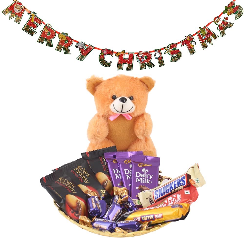 SFU E Com Chocolate Gift Hamper with Beautiful Brown Teddy| Premium Christmas Chocolate Combo | Christmas Toran with Chocolat Gift | Christmas Chocolate Hamper | 1053