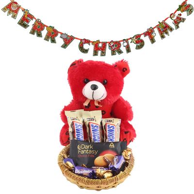 SFU E Com Cute Teddy with Snikers Almond Gift Hamper| Premium Christmas Chocolate Combo | Christmas Toran with Chocolat Gift | Christmas Chocolate Hamper | 1109