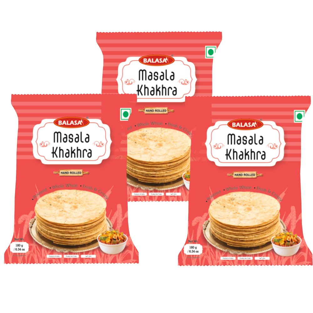 BALASA Whole Wheat Dry Gujarati Masala Khakhra (180 g x 3 Packs) - Baked Not Fried