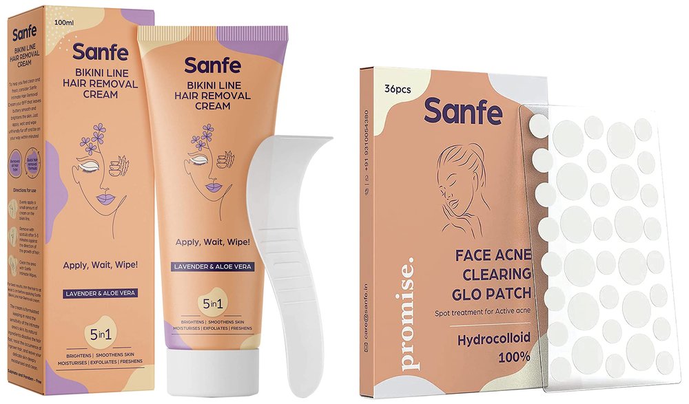 Sanfe Skin Care Combo - Promise Face Acne Patch (36 Count) & Hair Removal Gel (100ml) | Pimple Healing with Hydrocolloid | Natural Extracts of Aloe Vera & Coconut | Complete Beauty Care