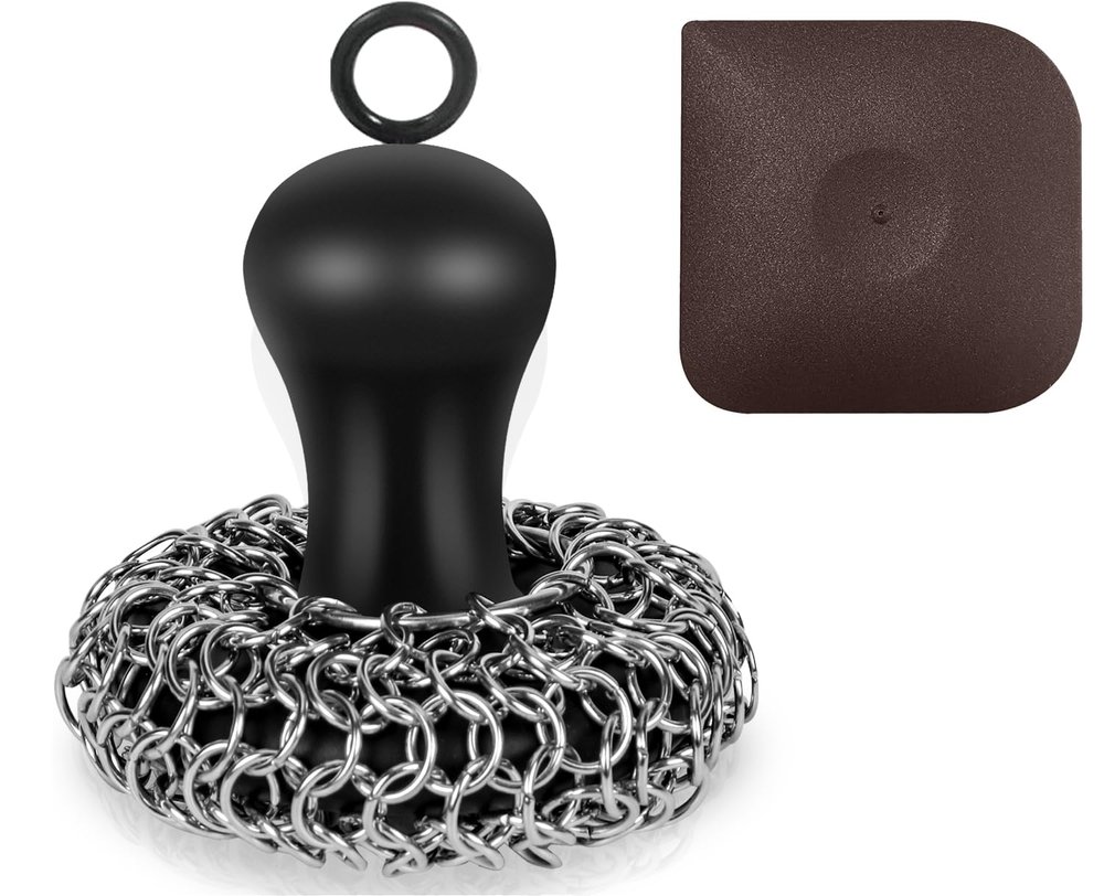 Cast Iron Cleaner Chainmail Scrubber with Pan Scraper, Ergonomic Handle Cast Iron Scrubber Brush 316 Chainmail Scrubber For Cast Iron Pans, Iron Skillet, Grill Dutch Oven Metal Brush Cleaning CastIron