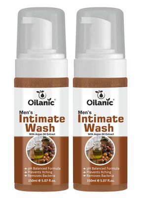 Oilanic Natural Men's Intimate Wash with Argan Extract (Pack of 2, Each 150 ml)|pH-Balanced Hygiene Wash for Daily Freshness and Odor Control Gentle Cleanser for Sensitive Skin Chemical free|
