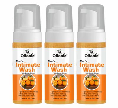 Oilanic Natural Men's Intimate Wash with Orange Extract (Pack of 3, Each 150 ml)|pH-Balanced Hygiene Wash for Daily Freshness and Odor Control Gentle Cleanser for Sensitive Skin Chemical free|