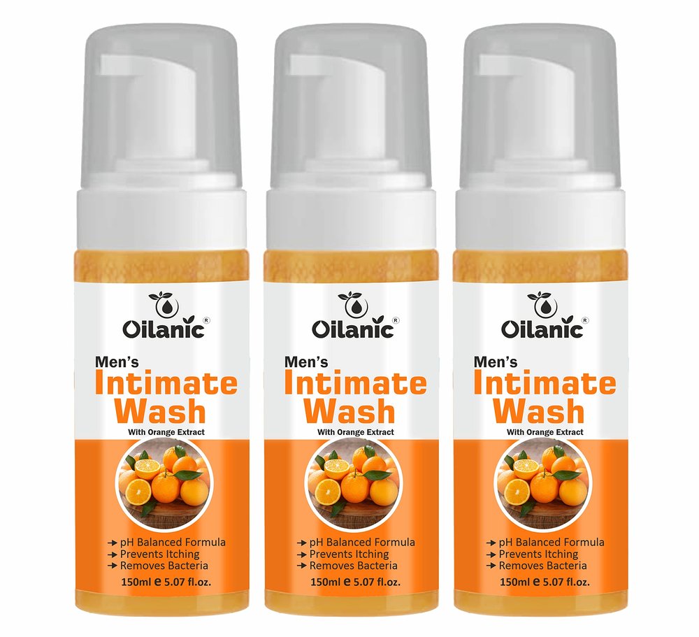 Oilanic Natural Men's Intimate Wash with Orange Extract (Pack of 3, Each 150 ml)|pH-Balanced Hygiene Wash for Daily Freshness and Odor Control Gentle Cleanser for Sensitive Skin Chemical free|
