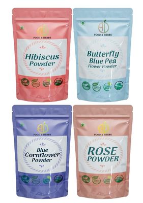 A D Food & Herbs Combo of Butterfly Pea/Rose/Hibiscus/Blue Corn Flower Powder Aromatic Edible for Homemade Lattes,Tea Blends,Bath Salts,Face packs & Body packs (50 GMS x Pack of 4)