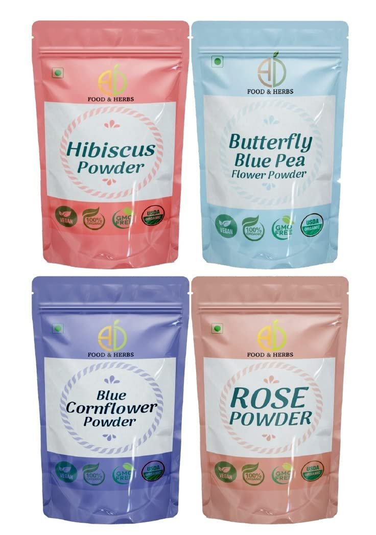 A D Food & Herbs Combo of Butterfly Pea/Rose/Hibiscus/Blue Corn Flower Powder Aromatic Edible for Homemade Lattes,Tea Blends,Bath Salts,Face packs & Body packs (50 GMS x Pack of 4)