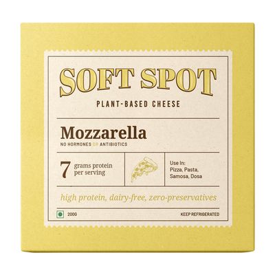 Soft Spot Vegan Mozzarella Cheese-200 gm, Plant- Based, 7 grams protein per serving, Zero preservatives, High Protein, Dairy Free, Cruelty Free- Perfect for Pizza, Pasta, Sandwich, Samosa and Dosa