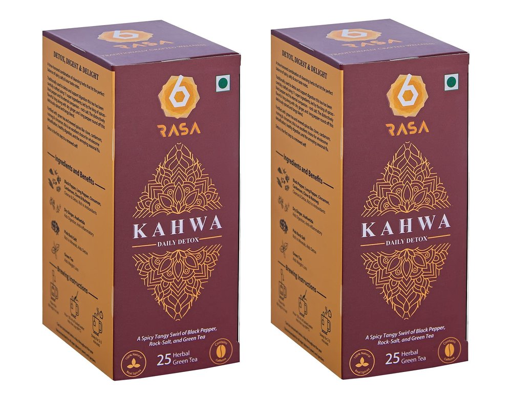 6rasa Kahwa Daily Detox Green Tea Bags | 11 Ayurvedic Spices | For Cleanse & Detox, Immunity00% Natural Herbs & Spices | No Added Sugar (2.5 gram Each, 25 Tea Bags) (Pack Of 2)