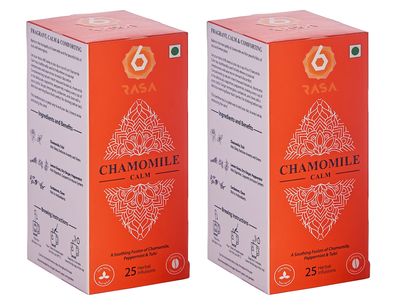 6rasa Chamomile Calm Tea Bags with Mint, Tulsi | For Good Sleep and Stress Relief | 100% Natural Herbs & Spices | Caffeine Free | No Added Sugar (1.6 g Each, 25 Tea Bags) (Pack of 2)