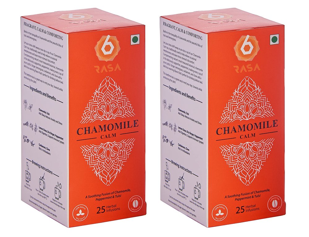 6rasa Chamomile Calm Tea Bags with Mint, Tulsi | For Good Sleep and Stress Relief | 100% Natural Herbs & Spices | Caffeine Free | No Added Sugar (1.6 g Each, 25 Tea Bags) (Pack of 2)