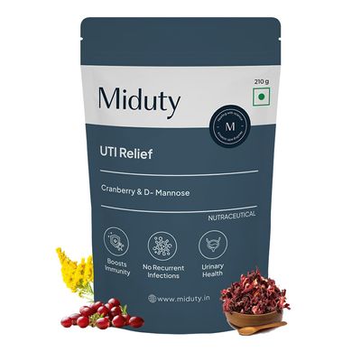 Miduty UTI Relief | D-Mannose and Cranberry Supplement | Helps in Urinary Tract Infection - Burning Urine Relief - Vegetarian Formula - 210 Grams