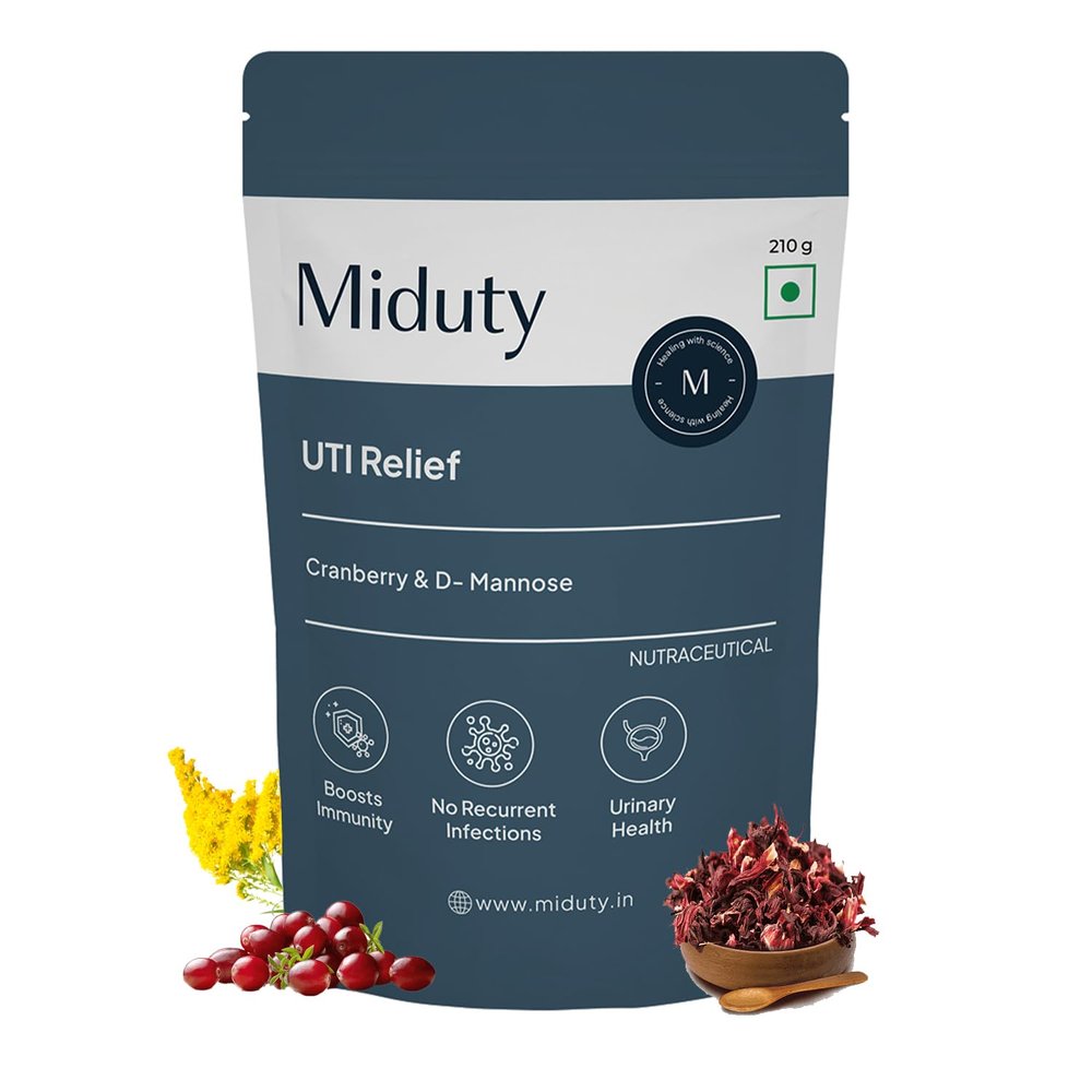 Miduty UTI Relief | D-Mannose and Cranberry Supplement | Helps in Urinary Tract Infection - Burning Urine Relief - Vegetarian Formula - 210 Grams
