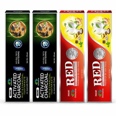 Jagat Devsutra Dr. Recommended Ayurvedic Charcoal + Red Toothpaste Combo Pack Offer - 100% Natural Teeth Whitening Formula with No Fluoride & No Artificial Colours - Pack of 4 (125g X 4)