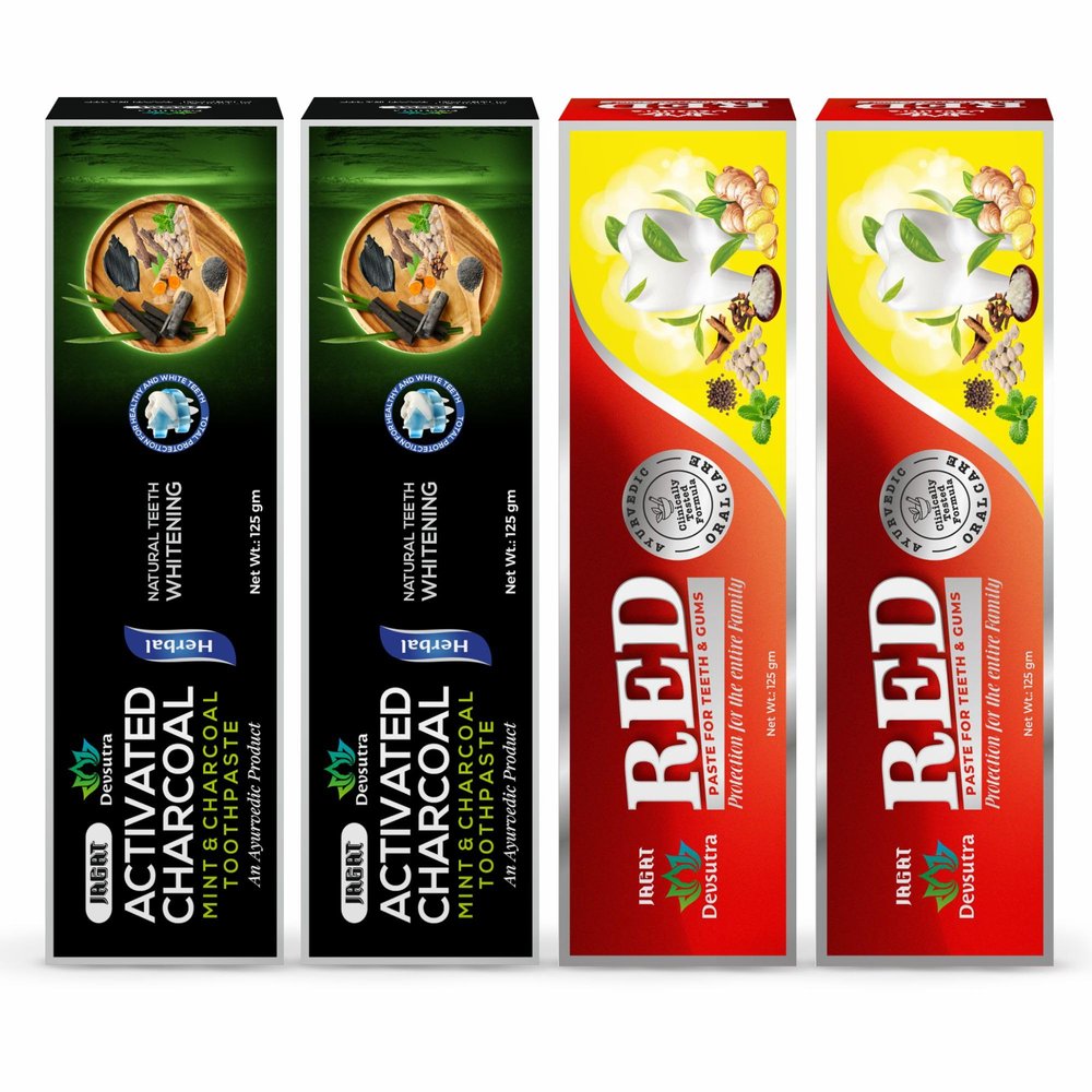 Jagat Devsutra Dr. Recommended Ayurvedic Charcoal + Red Toothpaste Combo Pack Offer - 100% Natural Teeth Whitening Formula with No Fluoride & No Artificial Colours - Pack of 4 (125g X 4)