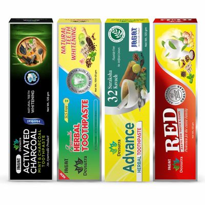 Jagat Devsutra Ayurvedic Charcoal + Herbal Mint + Advance + Red Toothpaste Combo Pack Offer - 100% Natural Teeth Whitening Formula with No Fluoride & No Artificial Colours - Pack of 4 (125g X 4)