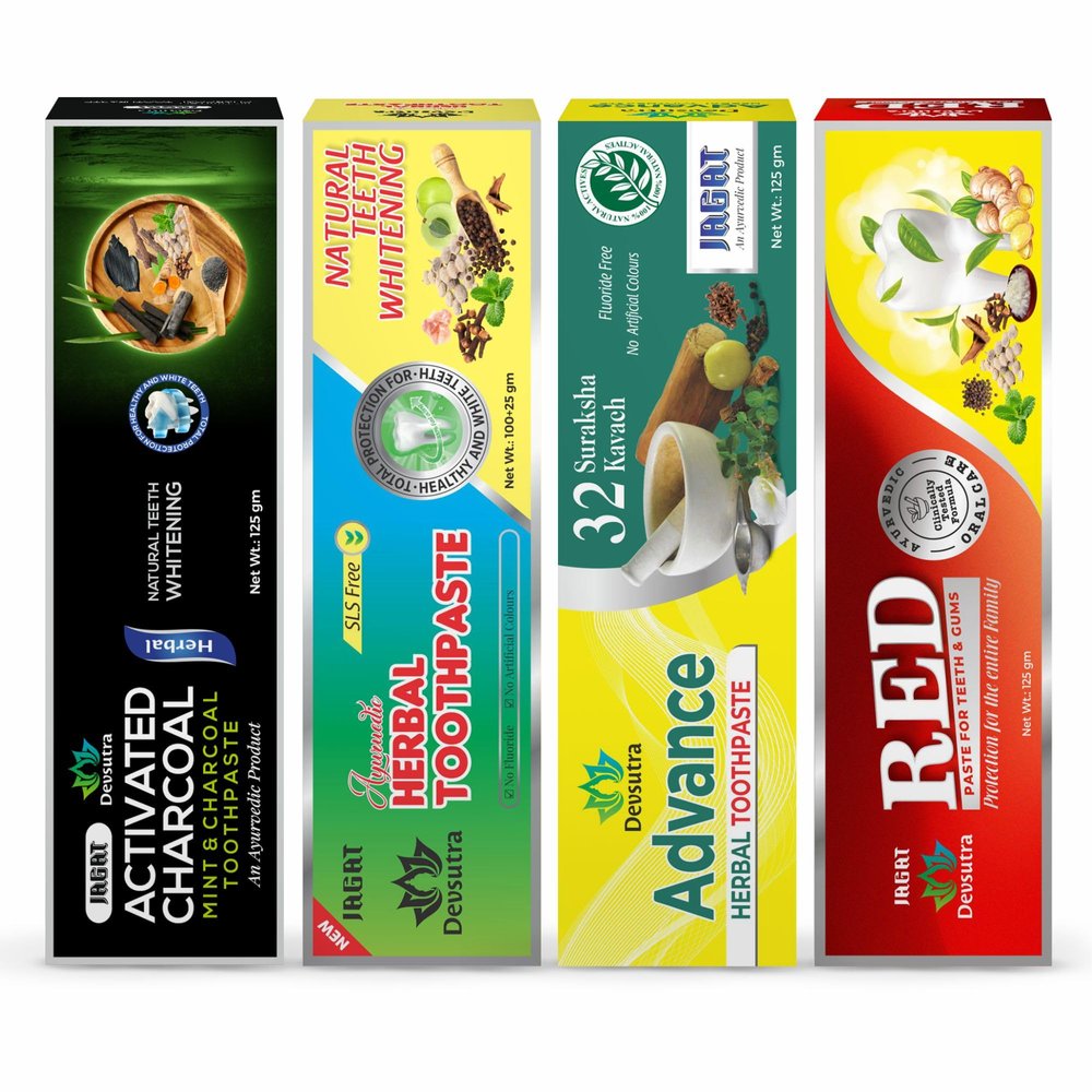 Jagat Devsutra Ayurvedic Charcoal + Herbal Mint + Advance + Red Toothpaste Combo Pack Offer - 100% Natural Teeth Whitening Formula with No Fluoride & No Artificial Colours - Pack of 4 (125g X 4)
