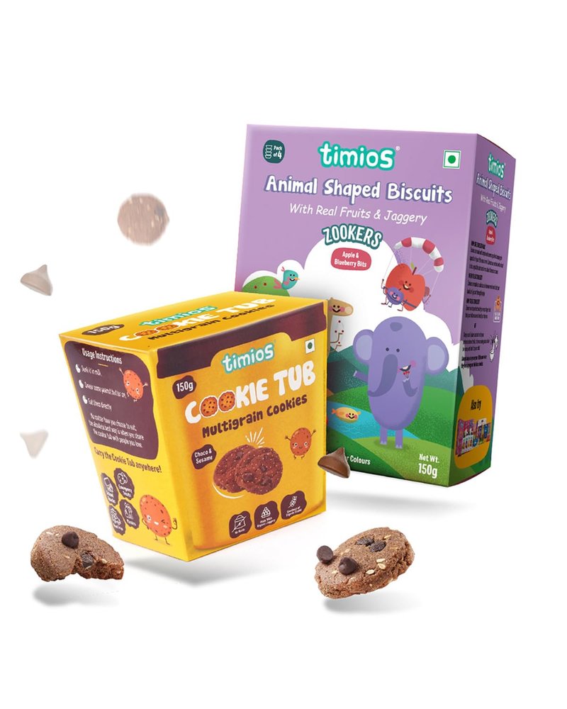 Timios Zookers Animal Shaped Biscuits with Apple and Blueberry Bits & Nutritious Maida Free Eggless Cookies for Kids | Pack of 2 | 150 gm Each