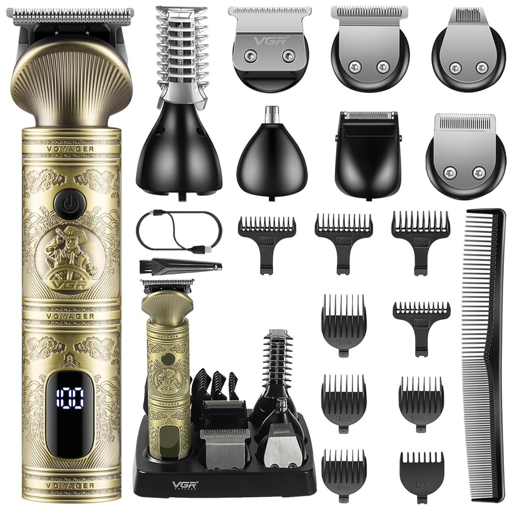 VGR V-106 Professional 6-in-1 Mens Grooming Kit  Includes Hair Clipper, Shaver, Nose & Body Groomer, 180-Min Runtime, 1200mAh Lithium Battery, USB Fast Charging, Travel Lock, Led Display (Gold)