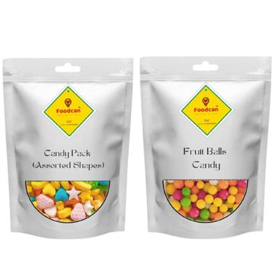 Foodcan Candy Pack (Assorted Shapes) Colorful 400 Gram + Fruit balls Candy (Multi color & Fruity flavor), 400 gram | Pack of 2