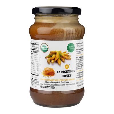 INDIGENOUS HONEY Raw Organic Honey with infused Turmeric NMR Tested NPOP Organic Certified Pure Natural Unprocessed Sugar free Honey added Immunity Booster- 530 g Glass Jar