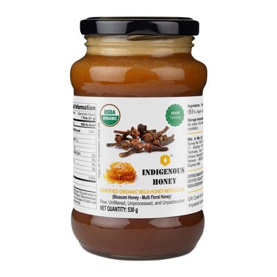 INDIGENOUS HONEY Raw Organic Honey with Infused Clove NMR Tested NPOP Organic Certified Pure Natural Unprocessed Sugar free Honey added Immunity Booster- 530 g Glass Jar