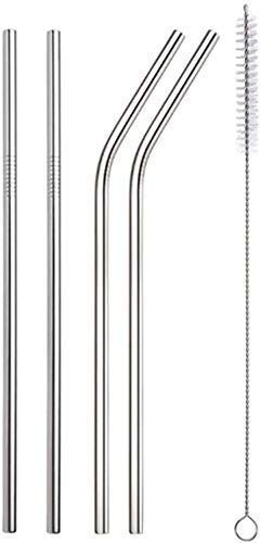 SAVE Stainless Steel Metal Straws | Reusable Drinking Straws - Set of 4 (2 Straight + 2 Bent) + Cleaning Brush (Silver, 04)