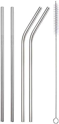SAVE Stainless Steel Metal Straws | Reusable Drinking Straws - Set of 4 (2 Straight + 2 Bent) + Cleaning Brush (Silver, 04)