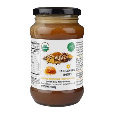 INDIGENOUS HONEY Certified Organic Raw Honey with Clove Cinnamon Turmeric Ginger Black Pepper Immunity Booster NMR Tested Pure Natural Unprocessed Unfiltered Wild Honey - 530g Glass Jar