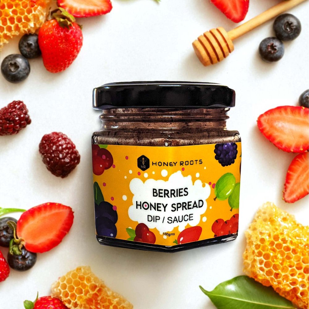 Honey Roots Natural Raw Honey Berries Spread - No Added Sugar or Preservatives - 100 Grams of Pure and Wholesome Delight"