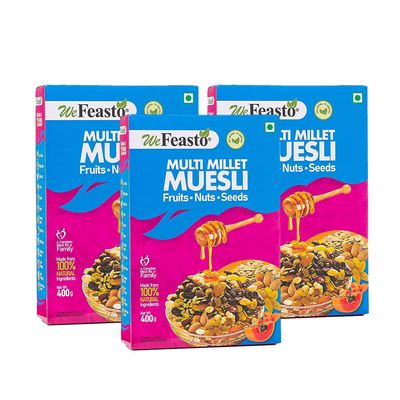 WeFeasto Crunchy Muesli 1.2 KG - Nuts & Seeds, Breakfast Cereal with Almonds & sunflower Seeds, Dried Fruits & Whole Grains | Multigrain Healthy Food & Breakfast - (400 Gm x Pack 3)