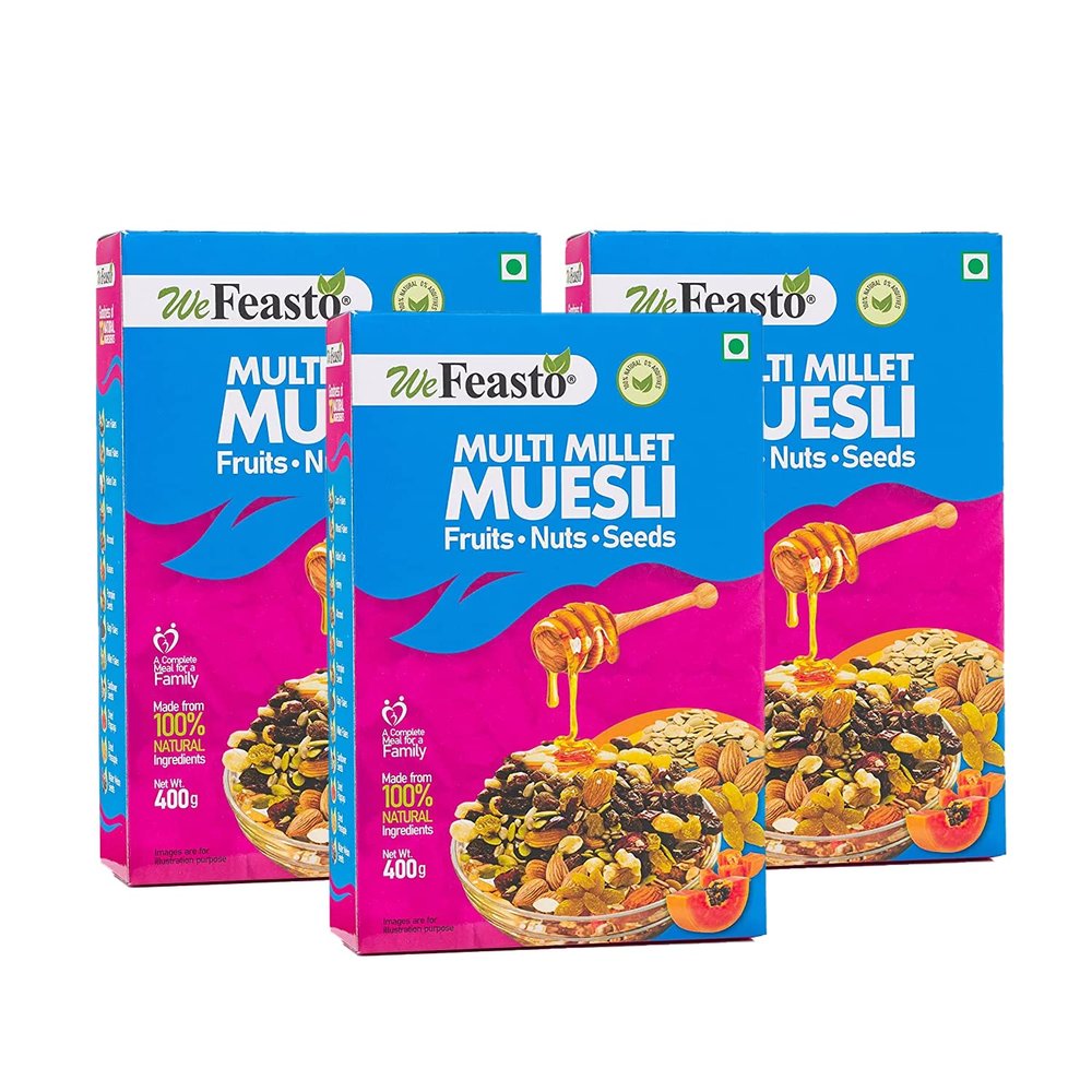 WeFeasto Crunchy Muesli 1.2 KG - Nuts & Seeds, Breakfast Cereal with Almonds & sunflower Seeds, Dried Fruits & Whole Grains | Multigrain Healthy Food & Breakfast - (400 Gm x Pack 3)