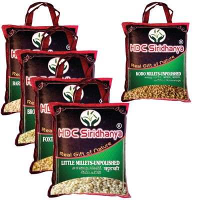 HDC Siridhanya Unpolished Five Types Positive Millets Combo packed of 5 (Kodo, Little, Barnyard, Foxtail and Browntop) Naturally grown from andhra Pradesh. (Each millet 920 grams Vacuum packed)