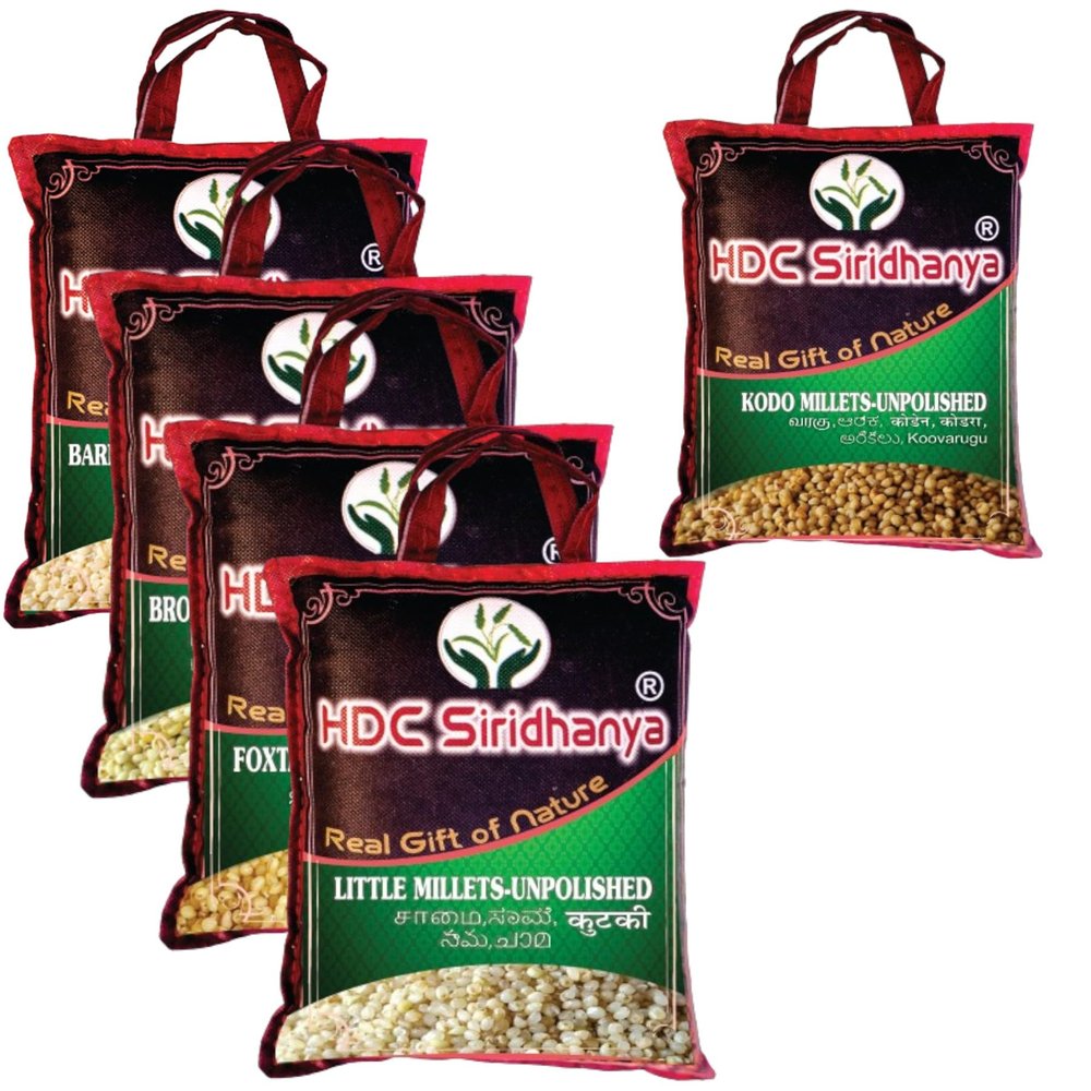 HDC Siridhanya Unpolished Five Types Positive Millets Combo packed of 5 (Kodo, Little, Barnyard, Foxtail and Browntop) Naturally grown from andhra Pradesh. (Each millet 920 grams Vacuum packed)