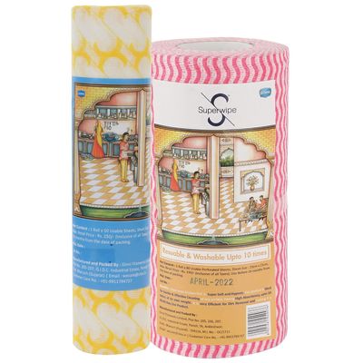 Superwipe Kitchen Swipe Rolls Combo - 2 Rolls (1 Premium 30x25 cm, 50 Pulls & 1 Wave Print 23x21 cm, 80 Pulls) - Reusable, Absorbent Multipurpose Kitchen Wipes - Perfect for Cleaning