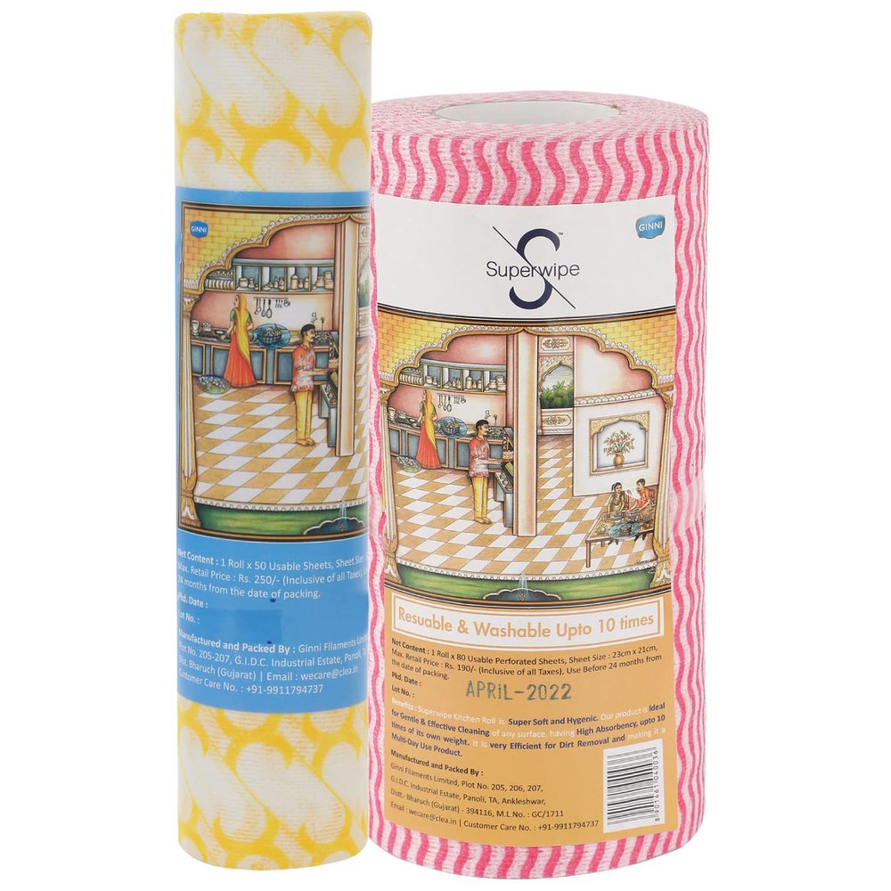 Superwipe Kitchen Swipe Rolls Combo - 2 Rolls (1 Premium 30x25 cm, 50 Pulls & 1 Wave Print 23x21 cm, 80 Pulls) - Reusable, Absorbent Multipurpose Kitchen Wipes - Perfect for Cleaning