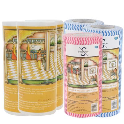 Superwipe Kitchen Swipe Rolls  Combo of 6 | 3 White Chemical-Free Rolls (20x22 cm, 50 Pulls Each) & 3 Wave Print Rolls (23x21 cm, 80 Pulls Each) | Reusable, Absorbent Multipurpose Kitchen Wipes