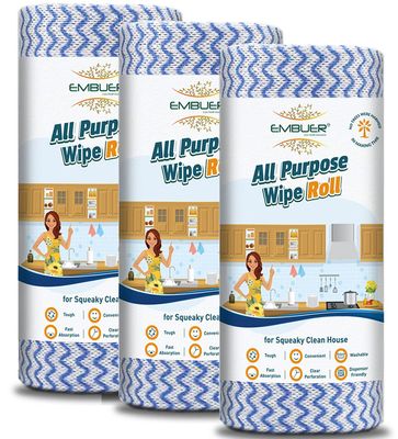 Embuer Reusable Non-Woven All Purpose Kitchen Towel Roll - 3 x 80 Pulls (Blue) | Washable Kitchen Wipes Roll Fast Absorbent, Quick Dry, for Cleaning