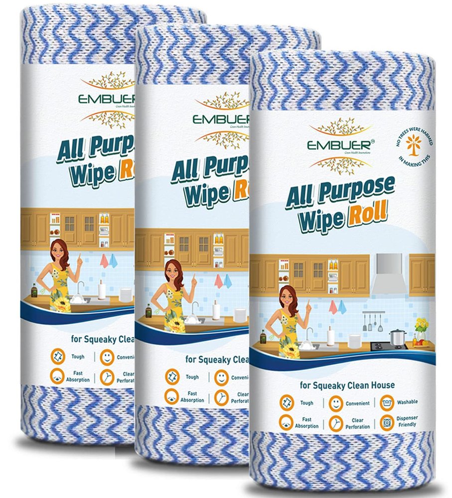 Embuer Reusable Non-Woven All Purpose Kitchen Towel Roll - 3 x 80 Pulls (Blue) | Washable Kitchen Wipes Roll Fast Absorbent, Quick Dry, for Cleaning