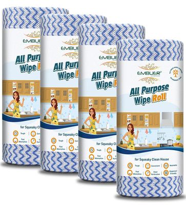 Embuer Reusable Non-Woven All Purpose Kitchen Towel Roll - 4 x 80 Pulls (Blue) | Washable Kitchen Wipes Roll Fast Absorbent, Quick Dry, for Cleaning