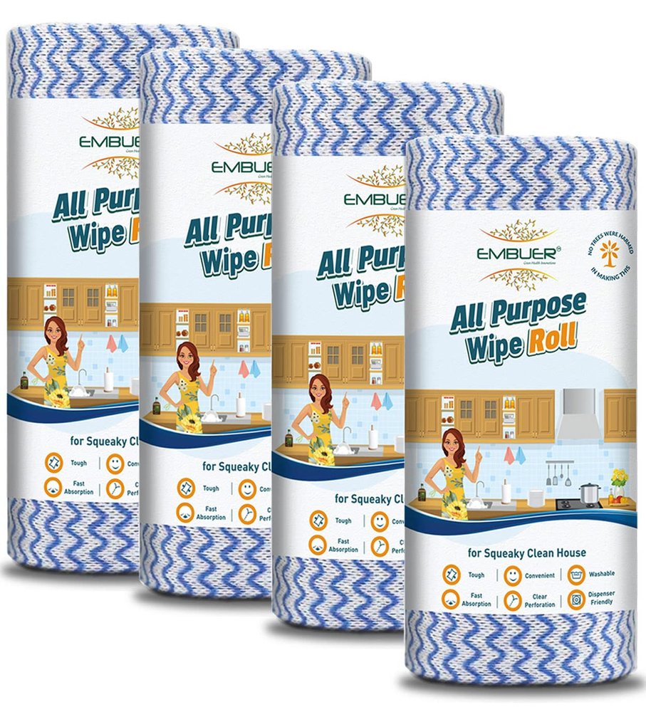 Embuer Reusable Non-Woven All Purpose Kitchen Towel Roll - 4 x 80 Pulls (Blue) | Washable Kitchen Wipes Roll Fast Absorbent, Quick Dry, for Cleaning