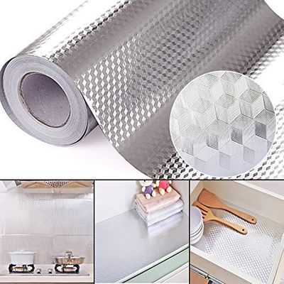 DIOXIT Kitchen Aluminium Silver 3D foil Stickers Kitchen Wallpaper, Oil Proof Waterproof Heat Resistant Big Size Aluminium Sheet for Kitchen (3D Silver Foil 60 X 200 CM 1 Unit)