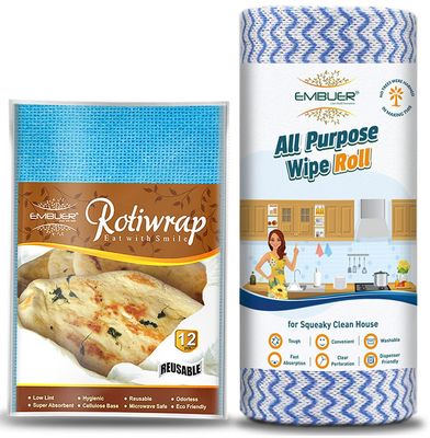 Embuer Reusable Roti Wrap - 12 Pcs (Blue) and Kitchen Cleaning Roll - 80 Pulls | Eco-Friendly, Reusable and Washable Roti Wrap and Kitchen Cleaning Rolls, Keep Food Fresh, Odourless, Hygienic