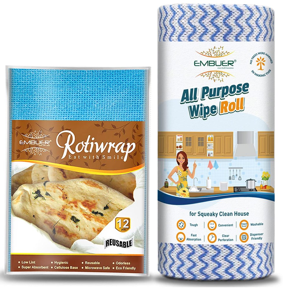 Embuer Reusable Roti Wrap - 12 Pcs (Blue) and Kitchen Cleaning Roll - 80 Pulls | Eco-Friendly, Reusable and Washable Roti Wrap and Kitchen Cleaning Rolls, Keep Food Fresh, Odourless, Hygienic