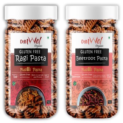 Amwel Organic Gluten Free Ragi Pasta + Beetroot Pasta | Fusilli Pasta | 220g x 2 pc | No Maida No Sooji | Power of Ragi & Beetroot